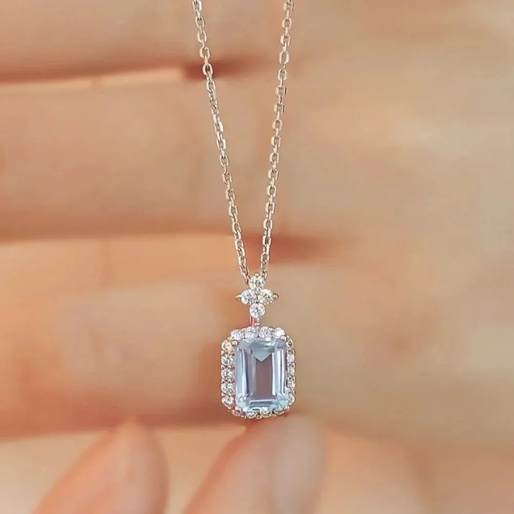 925 Sterling Silver Dainty Aquamarine Diamond Necklace Minimalist Blue Necklace